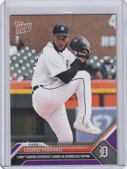 Baseball card of Eduardo Rodriguez in mid-windup for Detroit Tigers 2023 TOPPS NOW