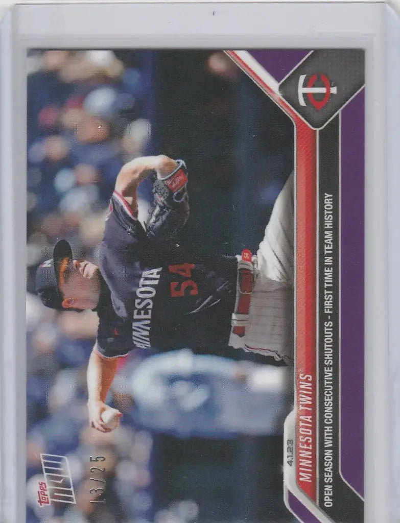 Baseball trading card of Minnesota Twins pitcher in dark uniform, number 54, mid-throw