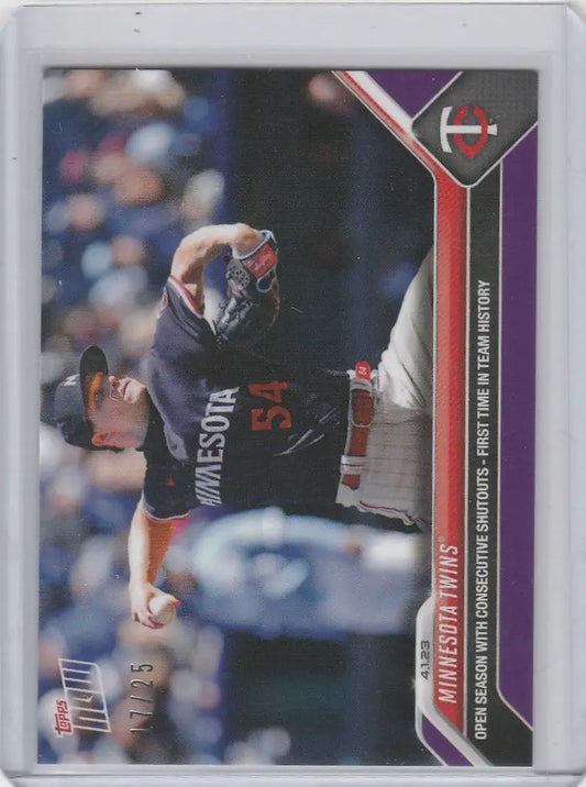 Baseball card of Minnesota Twins pitcher in dark uniform with red accents, 17/25