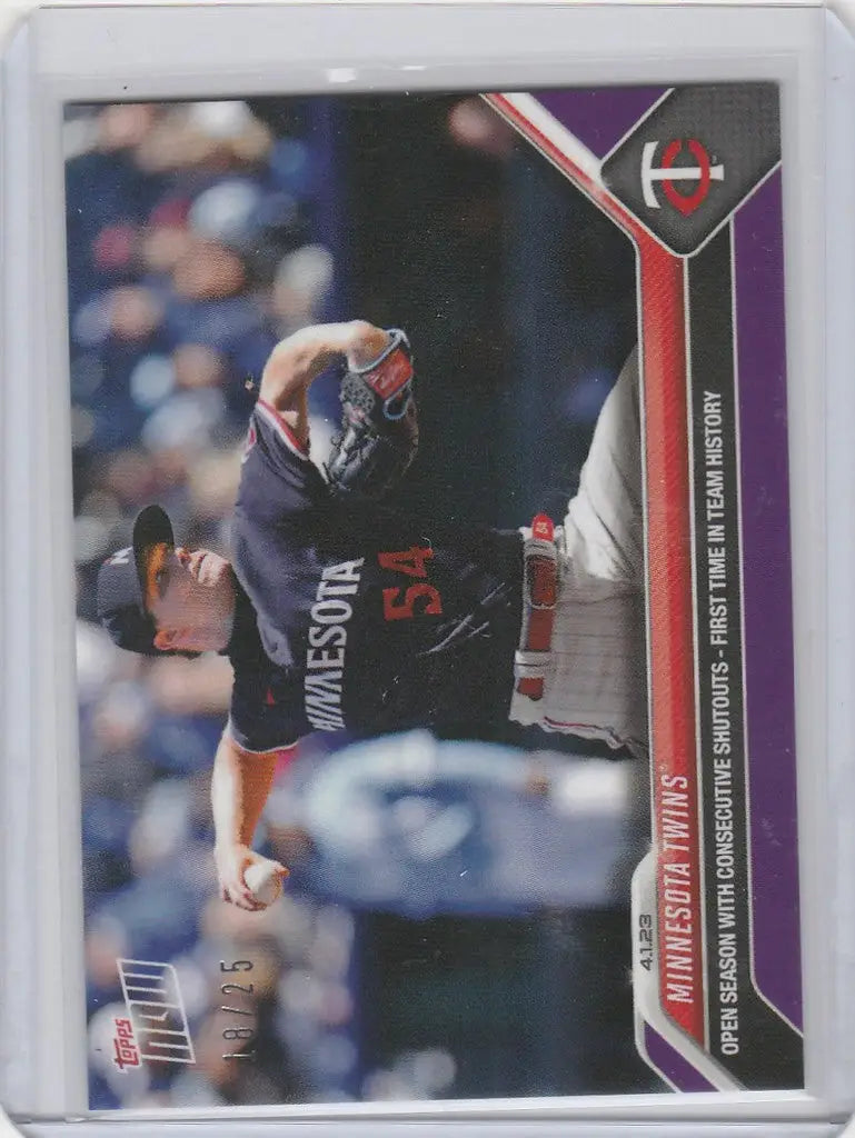 Baseball trading card of a pitcher in mid-throw for Minnesota Twins consecutive SHO