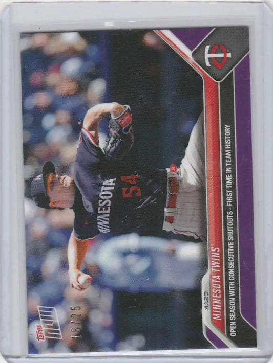 Baseball trading card of a pitcher in mid-throw for Minnesota Twins consecutive SHO