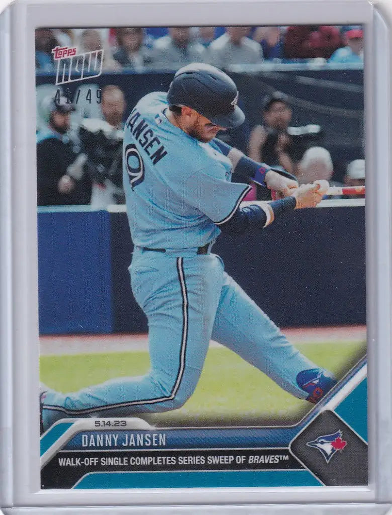 Baseball trading card of Danny Jansen Toronto Blue Jays player mid-swing