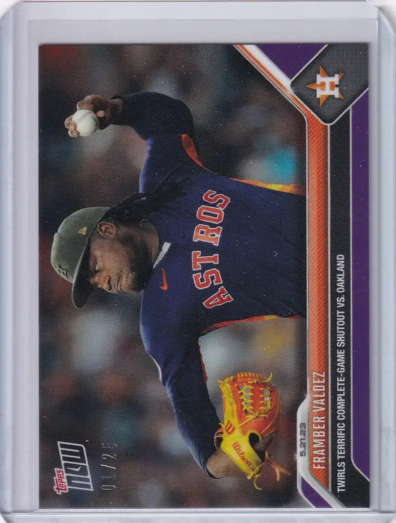 Baseball card of Framber Valdez Houston Astros pitcher mid-throw 2023 Topps Now #328