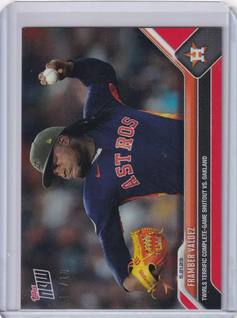 Baseball card of Framber Valdez Houston Astros pitcher mid-throw in 2023 Topps Now