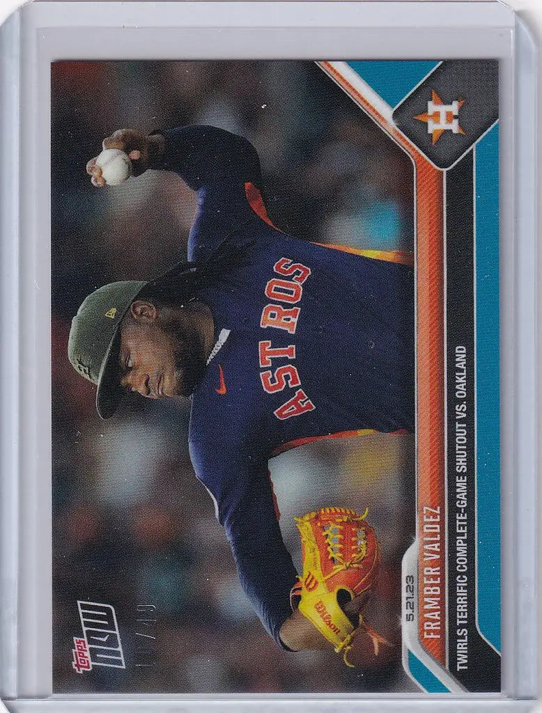 Baseball trading card of Framber Valdez, Houston Astros pitcher in mid-throw