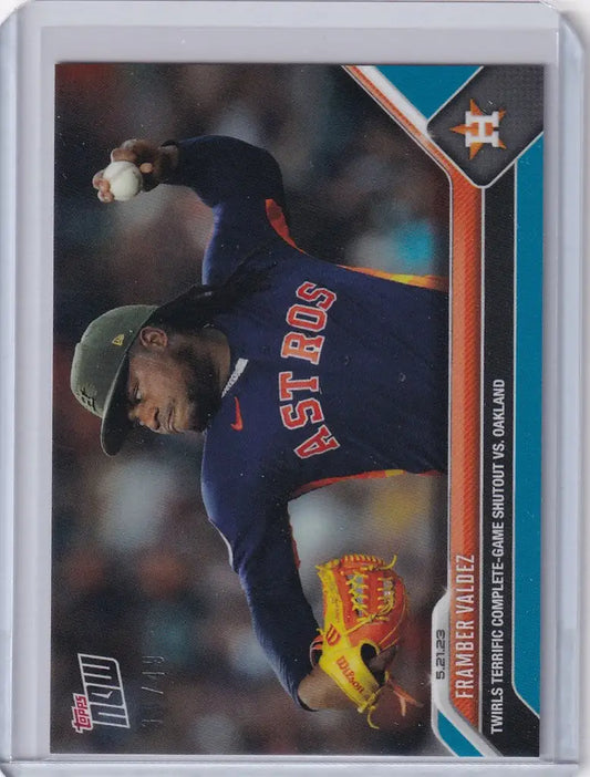 Baseball card of Framber Valdez pitching for Houston Astros in 2023 TOPPS NOW Parallel