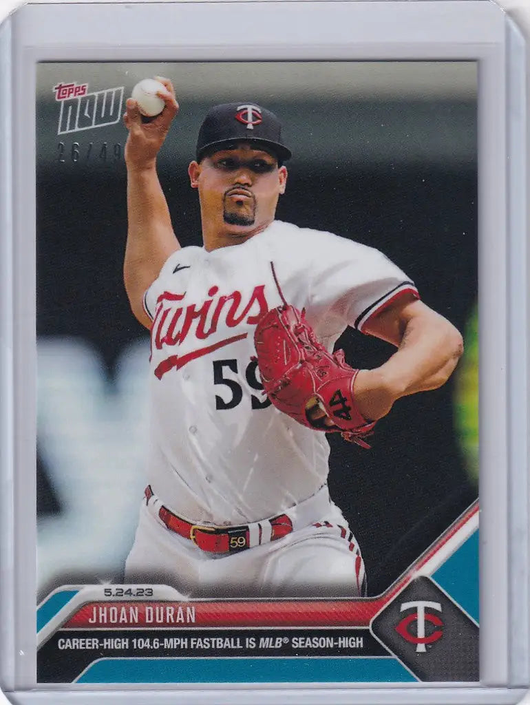 Baseball card of Jhoan Duran, Minnesota Twins pitcher in mid-throw action