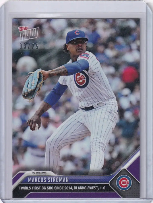 Baseball card of Marcus Stroman mid-throw for Chicago Cubs in 2023 Topps Now Parallel