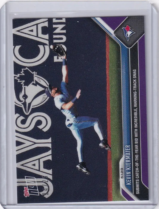 Baseball trading card of Kevin Kiermaier making a leaping catch for Toronto Blue Jays