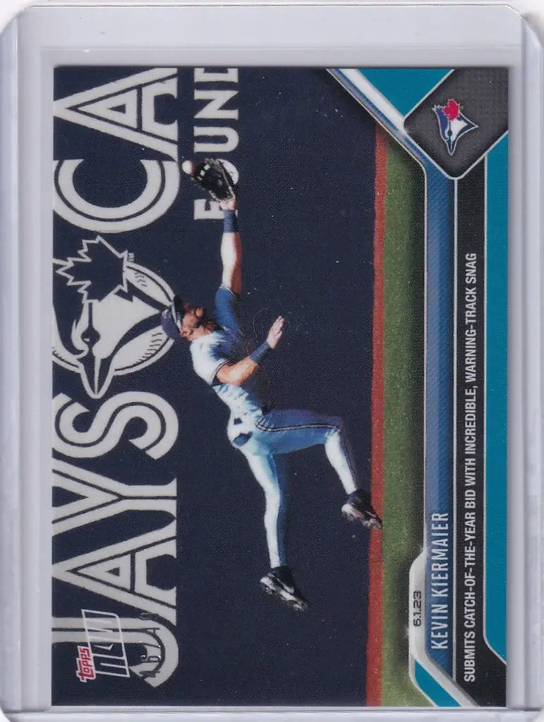 Baseball trading card of Kevin Kiermaier making a leaping catch for Toronto Blue Jays