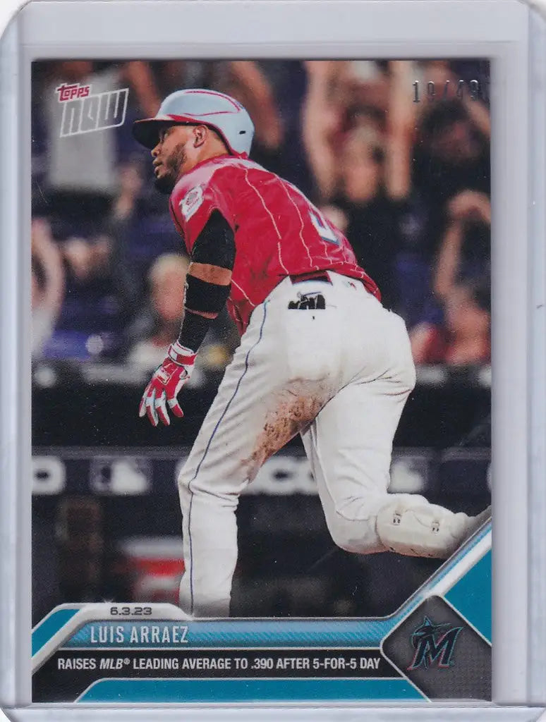 Baseball trading card of Luis Arraez in red uniform for Miami Marlins 2023 TOPPS NOW