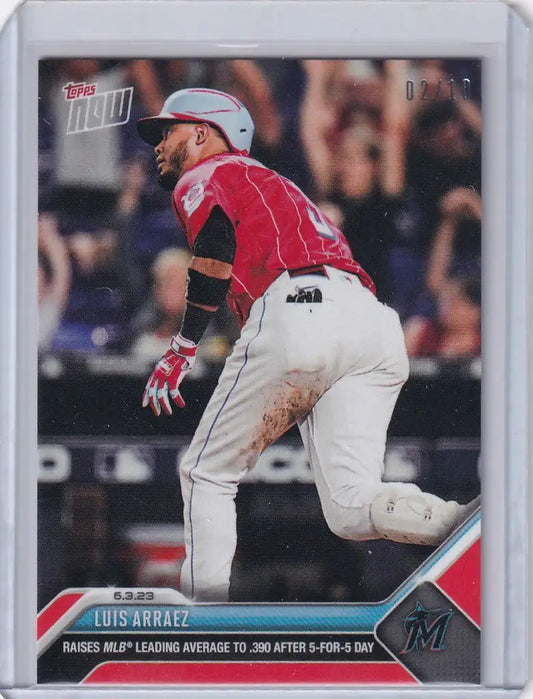 Baseball trading card of Luis Arraez in red uniform, Miami Marlins 2023 Topps Now