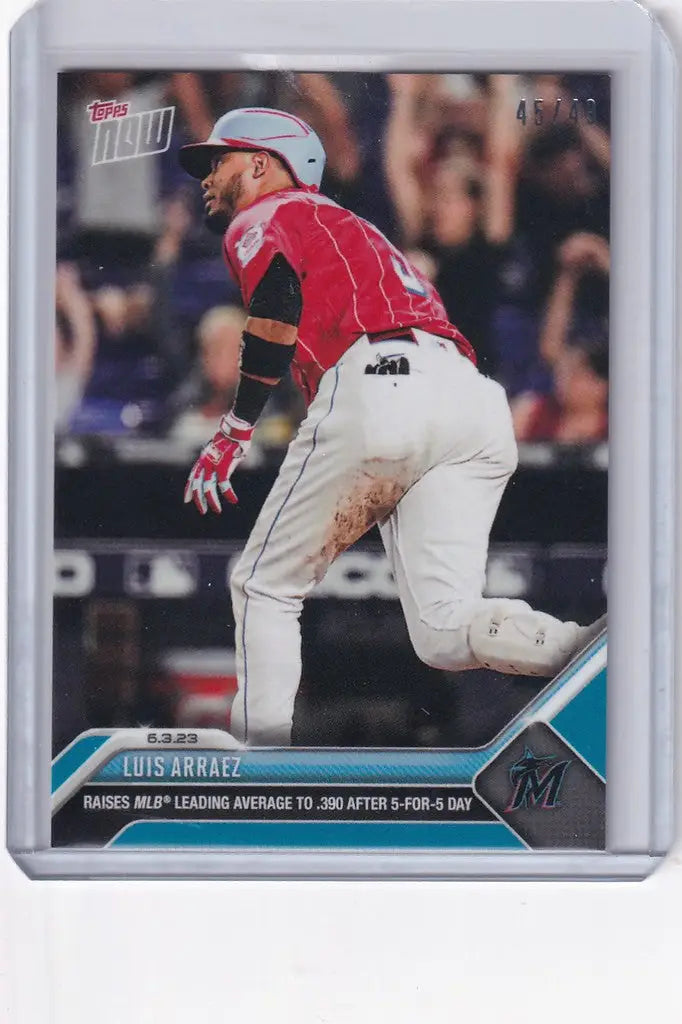 Baseball card of Luis Arraez Miami Marlins running in red and white uniform