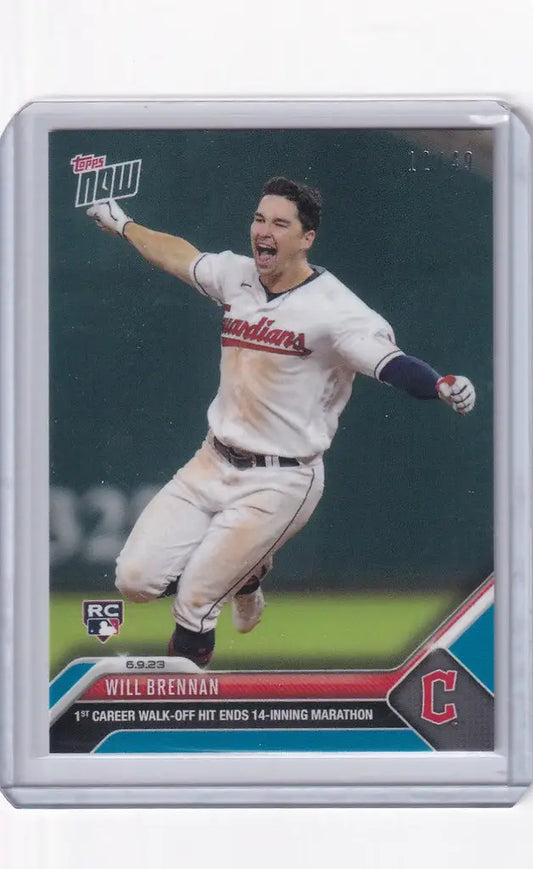 Baseball trading card of Brennan Cleveland Guardians celebrating enthusiastically