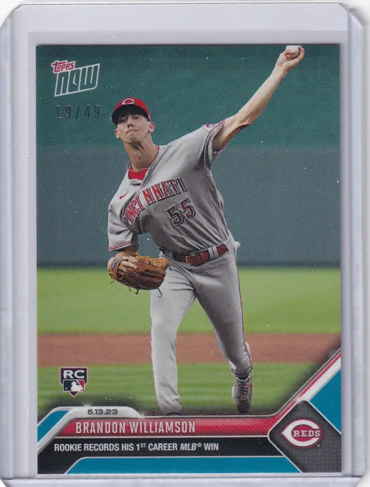 Brandon Williamson Cincinnati Reds pitcher mid-throw on 2023 Topps Now Parallel card