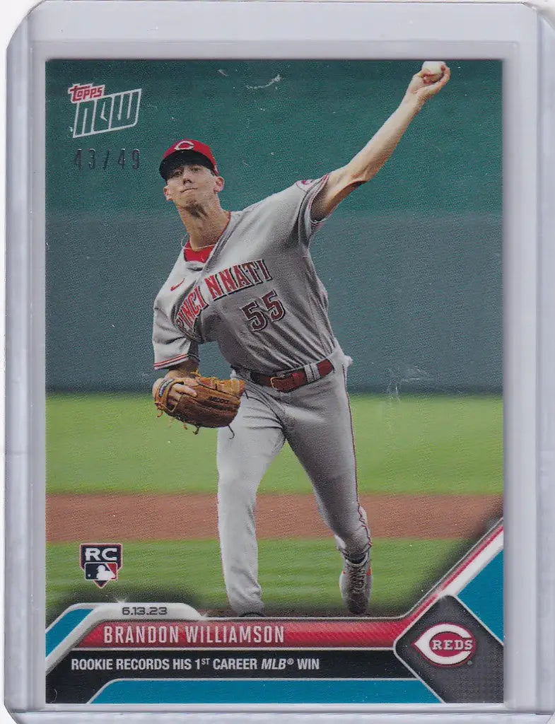 Brandon Williamson Cincinnati Reds pitcher baseball card in mid-throw, 43/49