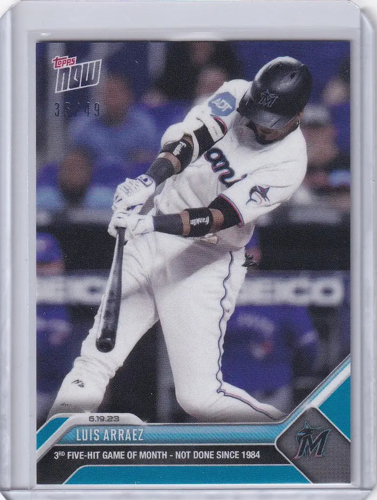 Baseball trading card of Luis Arraez swinging bat for Miami Marlins 35/49 edition