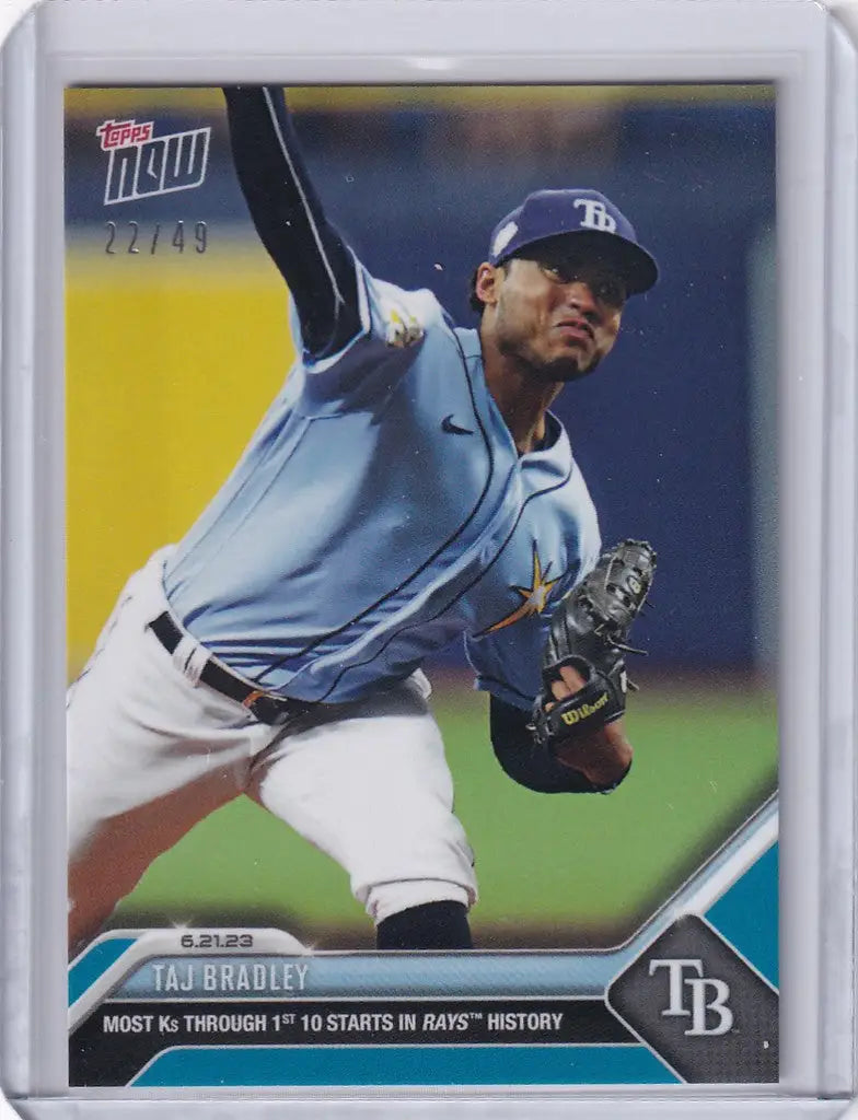 Baseball card of Taj Bradley, Tampa Bay Rays pitcher, in mid-throw action