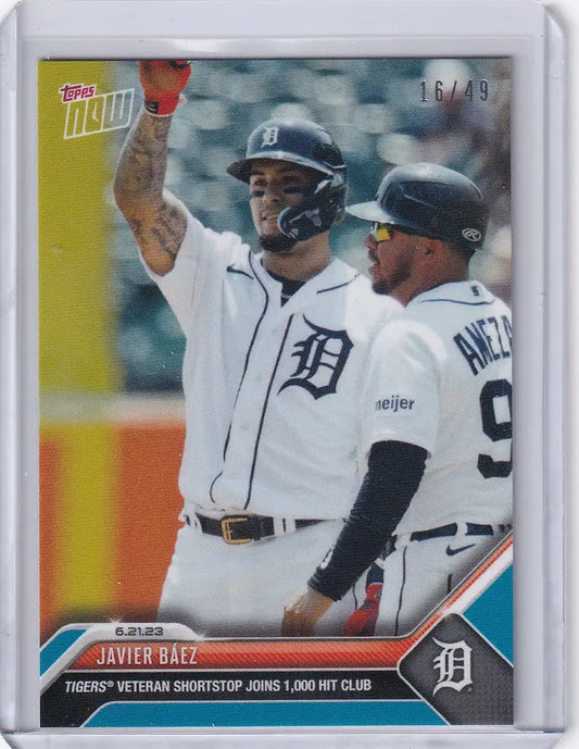 Baseball card of Javier Baez celebrating with Detroit Tigers teammates on the field