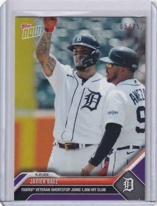 Baseball card of Javier Baez celebrating on the field with Detroit Tigers