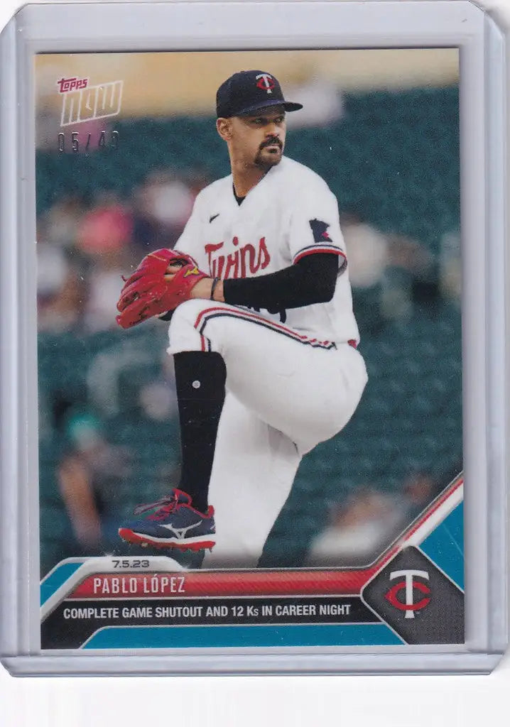 Baseball card of Pablo Lopez Minnesota Twins pitcher in mid-throwing motion