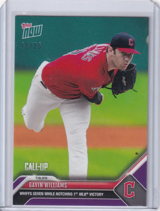 Baseball card of Gavin Williams Cleveland in red jersey mid-throw for 2023 Topps Now