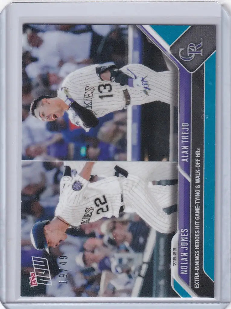 Baseball trading card of Nolan Jones showcasing Colorado Rockies action pose