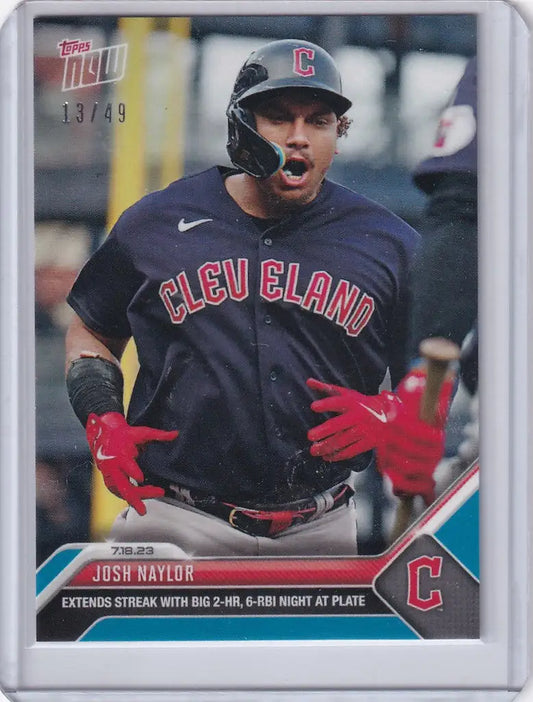 Baseball card of Josh Naylor celebrating in a navy jersey for Cleveland Guardians