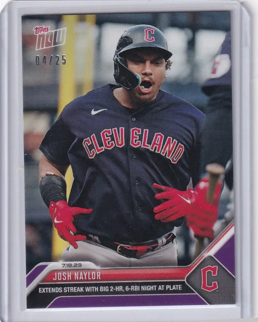 Baseball card of Josh Naylor in navy jersey with red gloves for Cleveland Guardians