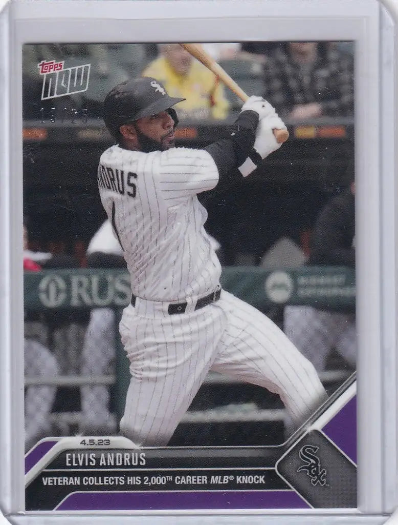 Baseball card of Elvis Andrus Chicago White Sox player mid-swing, 19/25 parallel