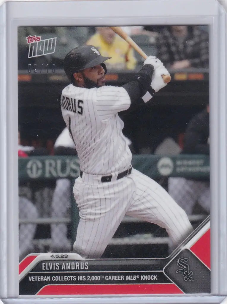 Baseball card of Elvis Andrus Chicago White Sox in white pinstriped uniform swinging bat