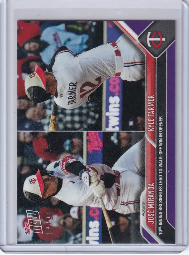 Baseball trading card of Jose Miranda and Kyle Farmer, Minnesota Twins action shots