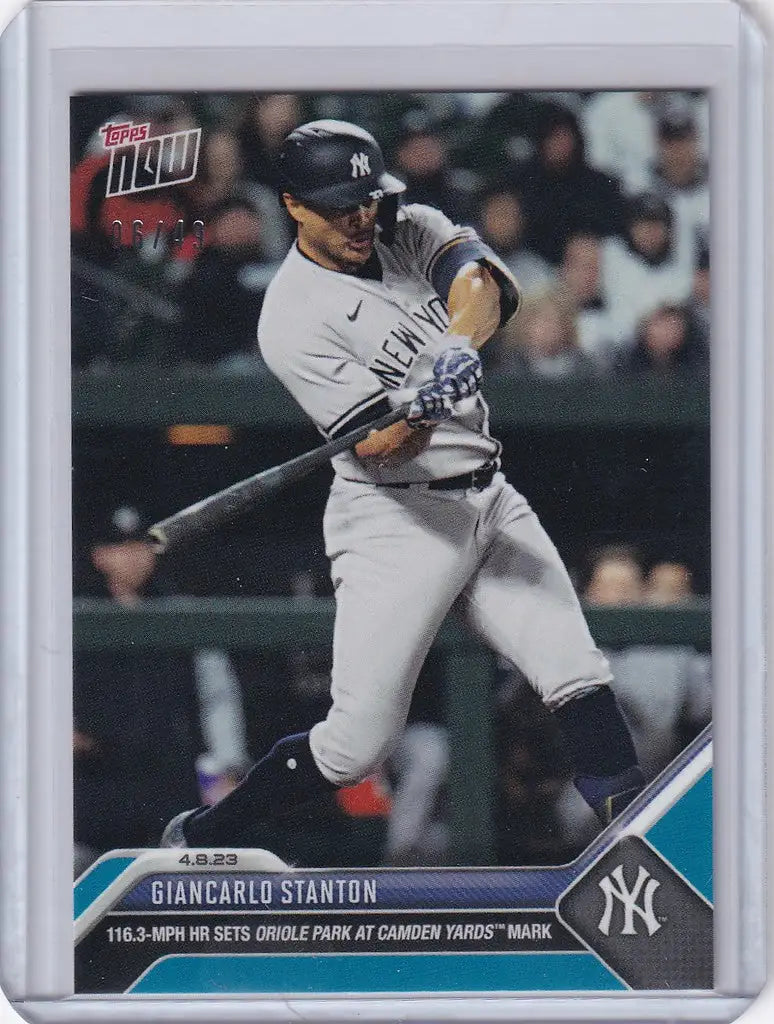 Baseball card of Giancarlo Stanton swinging bat for New York Yankees trading cards