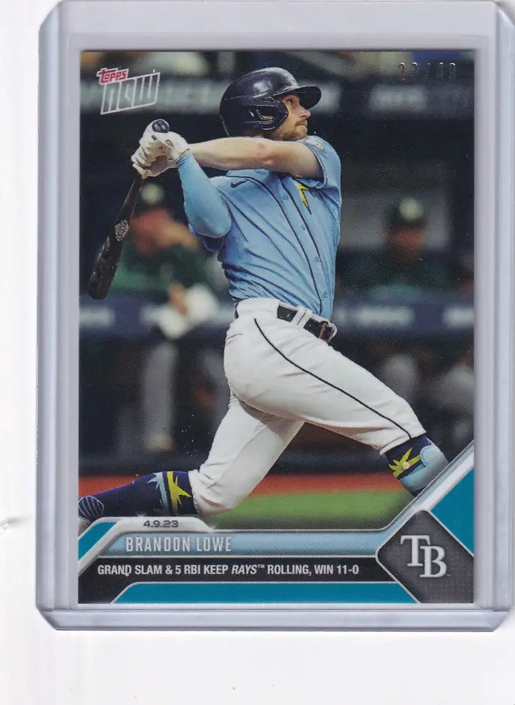 Brandon Lowe Tampa Bay Rays trading card mid-swing from 2023 TOPPS NOW PARALLEL 23/49