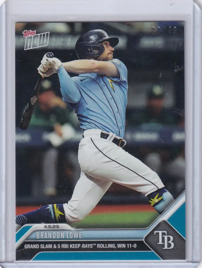 Brandon Lowe Tampa Bay Rays baseball card mid-swing from 2023 TOPPS NOW PARALLEL 28/49