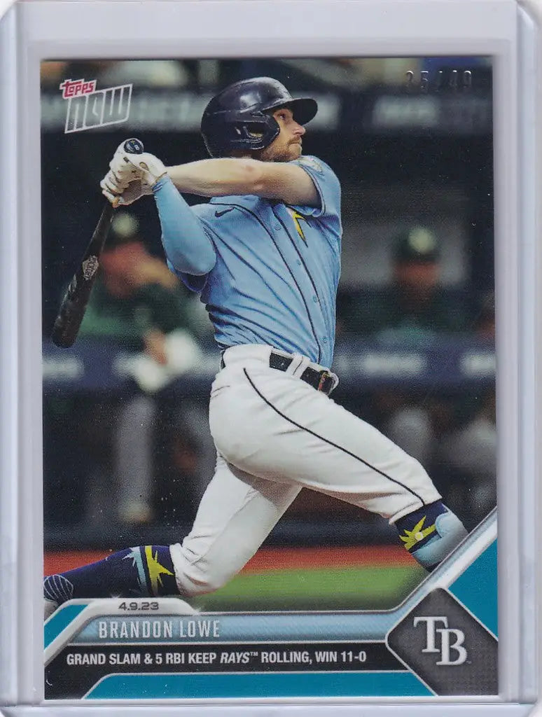 Baseball card of Brandon Lowe mid-swing, showcasing Tampa Bay Rays 2023 TOPPS NOW