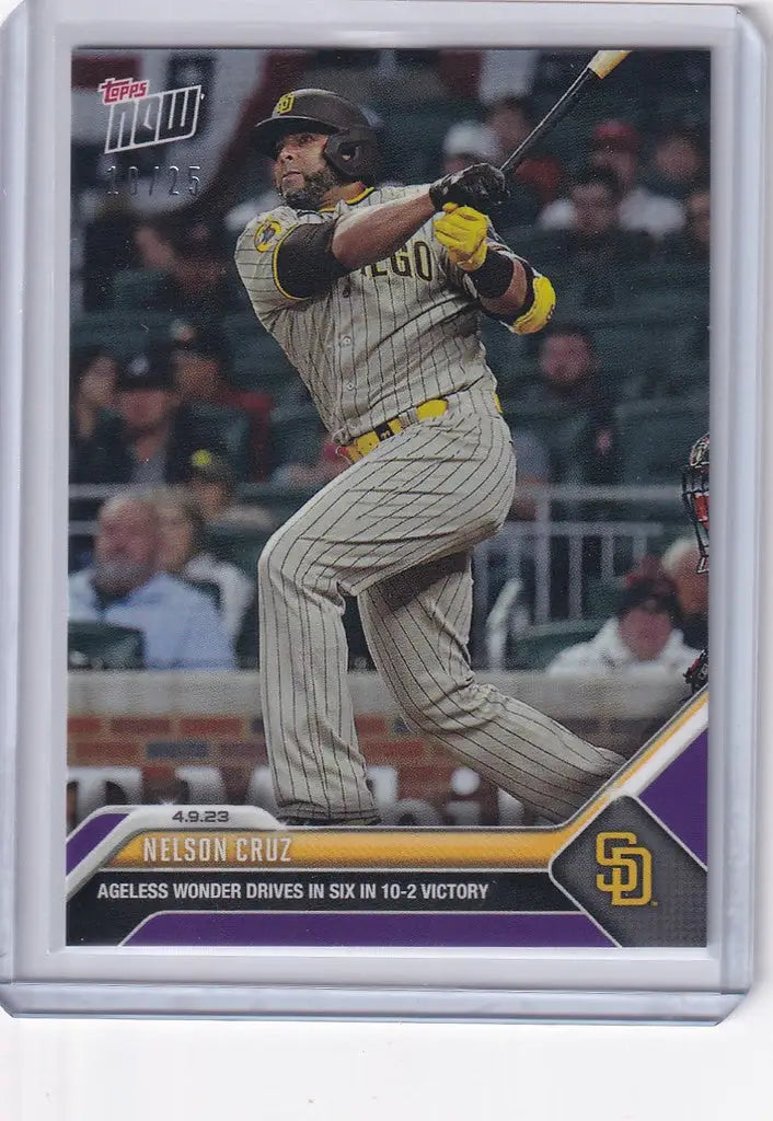 Baseball card of Nelson Cruz San Diego Padres swinging a bat from 2023 TOPPS NOW