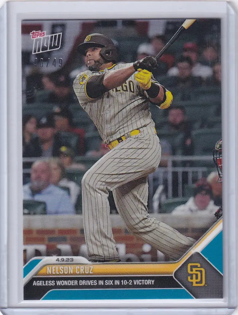 Baseball card of Nelson Cruz San Diego Padres swinging bat in 2023 TOPPS NOW Parallel