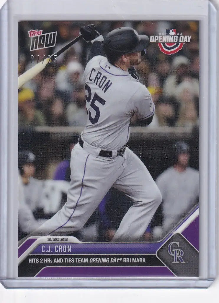 Baseball card of CJ Cron mid-swing for the Colorado Rockies 2023 TOPPS NOW PARALLEL