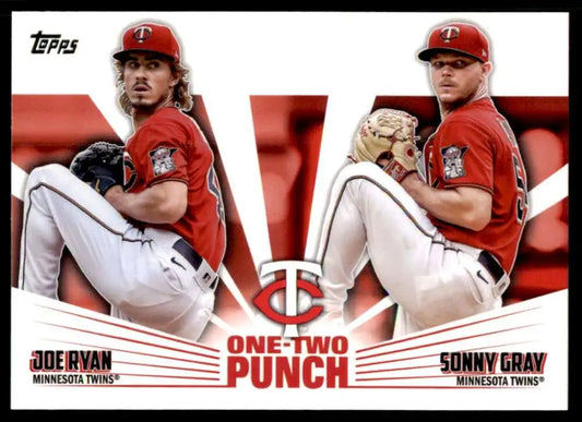 Topps baseball card featuring Joe Ryan and Sonny Gray in Minnesota Twins red uniforms