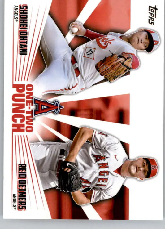 Baseball card of Reid Detmers and Shohei Ohtani in action for Los Angeles Angels