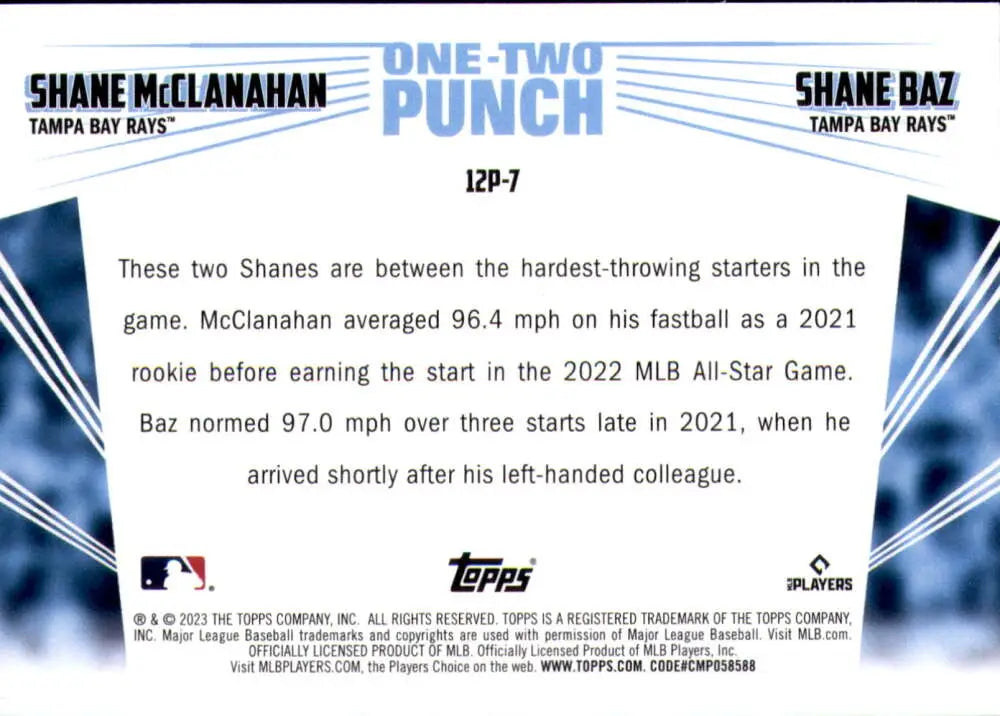 Baseball card of Shane McClanahan and Shane Baz with their fastball stats for Tampa Bay Rays