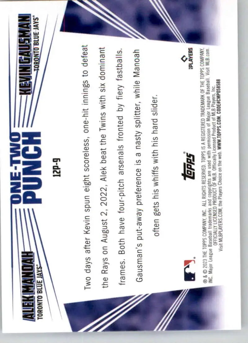 Back side of 2023 Topps One-Two Punch Kevin Gausman/Alek Manoah Toronto Blue Jays card