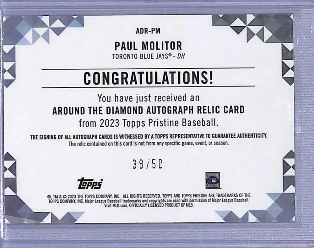 Autograph relic card 39/50 featuring Paul Molitor of the Blue Jays, Topps Pristine Diamond Relic