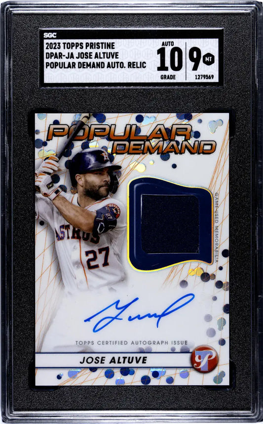 Graded Jose Altuve baseball card with autograph and jersey patch from Topps Pristine Popular