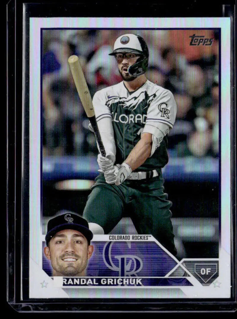 Randal Grichuk at bat in green uniform on 2023 Topps Rainbow Foil Colorado Rockies card