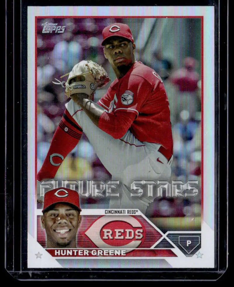 Baseball card of Hunter Greene in red uniform for Cincinnati Reds, Rainbow Foil design