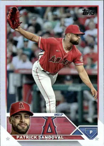 Baseball card of Patrick Sandoval in red Angels uniform, Topps Rainbow Foil original gloss