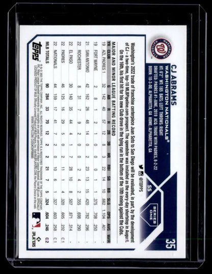 Back side of 2023 Topps Rainbow Foil #35 CJ Abrams card with MLB logo and stats