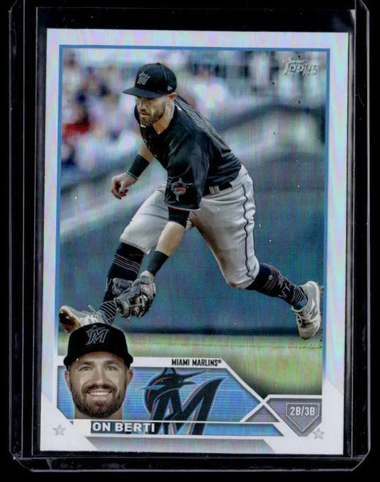 Miami Marlins Jon Berti in action on 2023 Topps Rainbow Foil baseball card